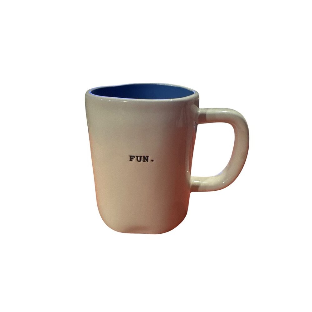 Rae Dunn White Ceramic Coffee Mug “FUN” Blue Interior Cup